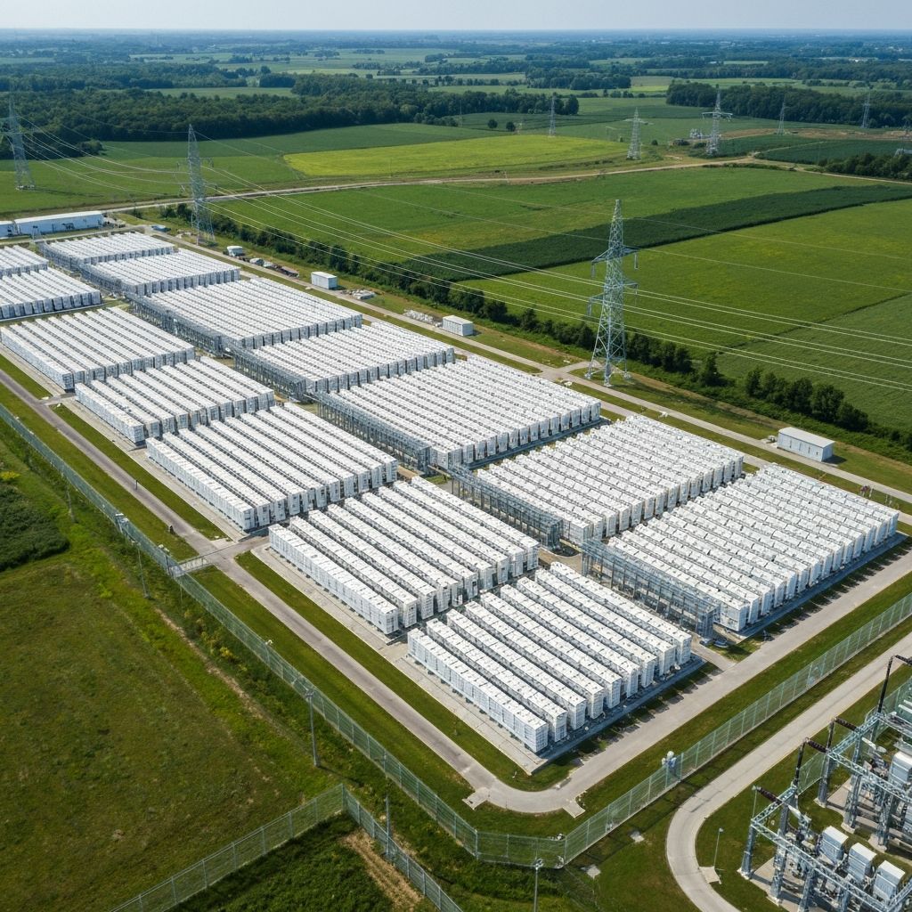 Aerial view of battery storage connected to grid